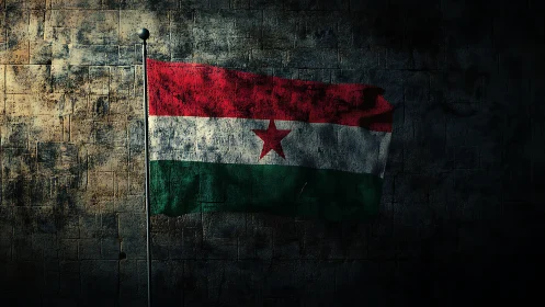 Worn tricolor flag with red star against dark stone wall