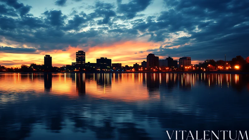 City skyline reflected on calm water at vivid sunset.
