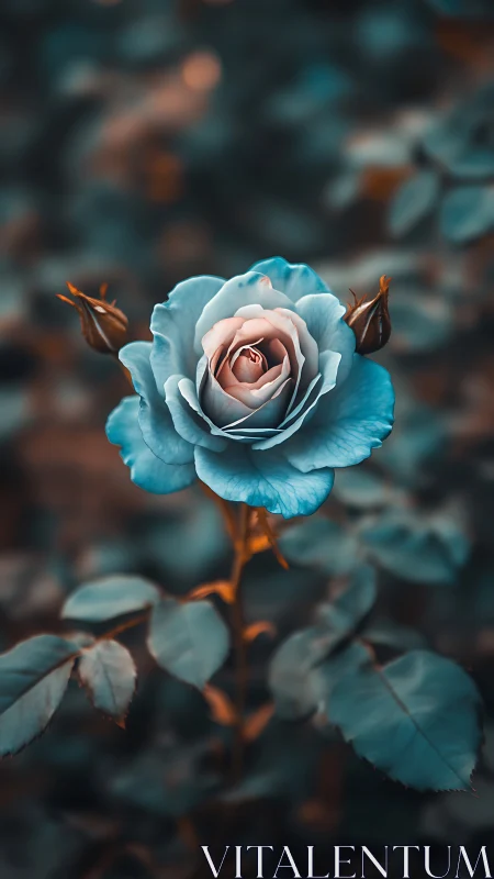 Blue rose glows softly against dreamy teal foliage.