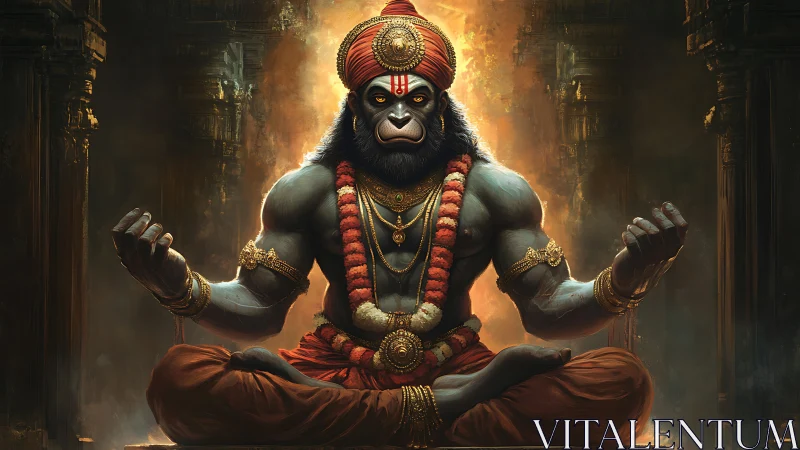 Simian deity meditates in aureate temple light with regal poise