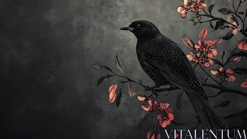 Midnight Songbird Perched Among Blossoming Coral Branches