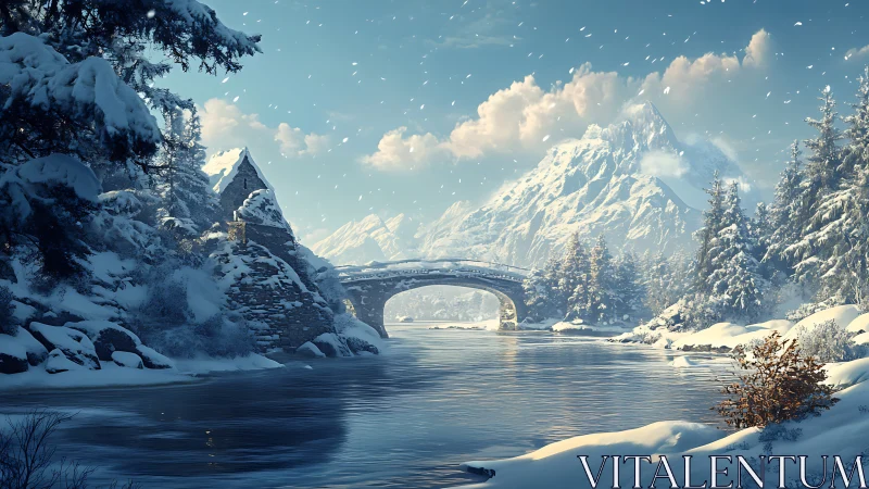 Snow covered river, stone bridge, and distant mountain peaks