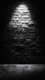 Single overhead spotlight on rough brick wall and stone floor
