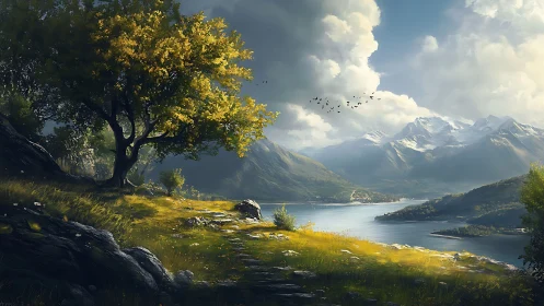 Golden hillside welcomes a calm lake under snowy peaks