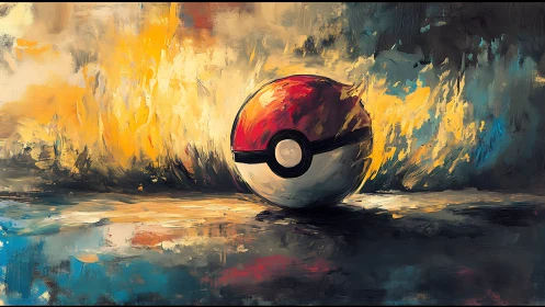 Pokeball on reflective ground in bold abstract colors.