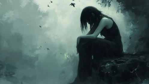 Solitary figure rests in mist, immersed in quiet sorrow.