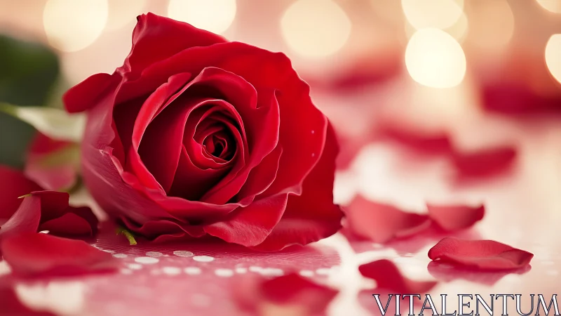 Red Rose with Petals on Surface, Blurred Background