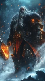 Battle-scarred frost warrior strides through burning blizzard