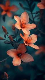 Peach-colored flowers with red stamens bloom against teal background