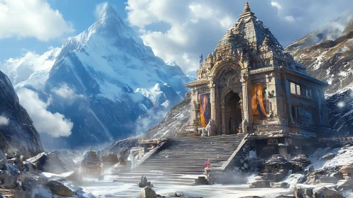 Stone mountain temple structure in snowy alpine landscape.