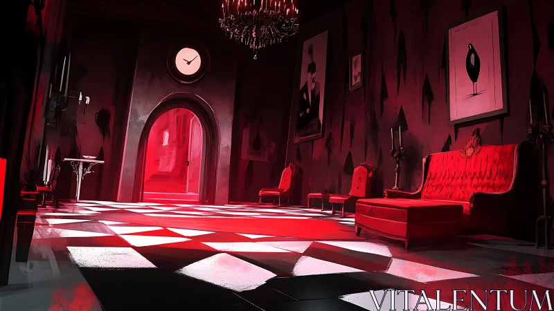 Red gothic hallway with checker floor and vintage seating.