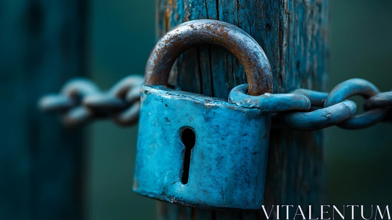 Weathered blue padlock clings to chain in teal stillness.