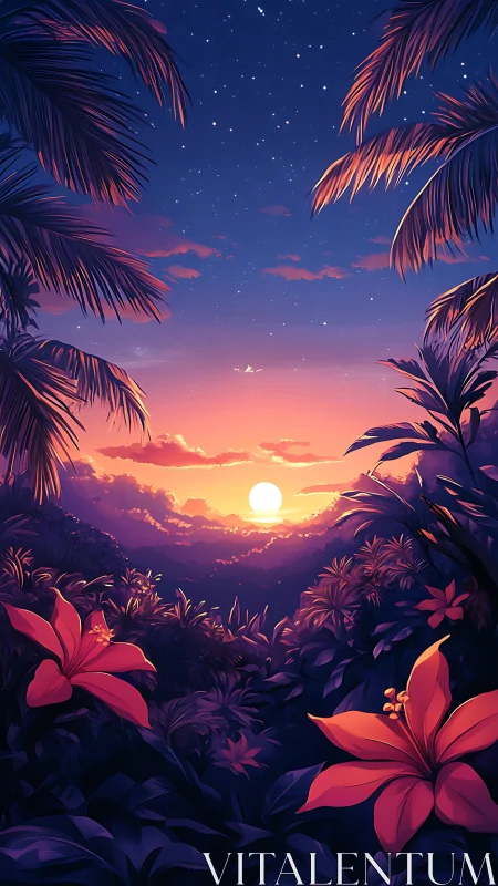 Tropical starlit sunset cradled by hibiscus guardians.