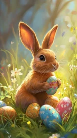 Sunny meadow bunny cradling colorful Easter eggs softly.