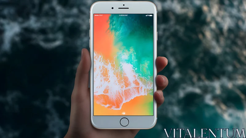 White smartphone displaying gradient ocean wave wallpaper.