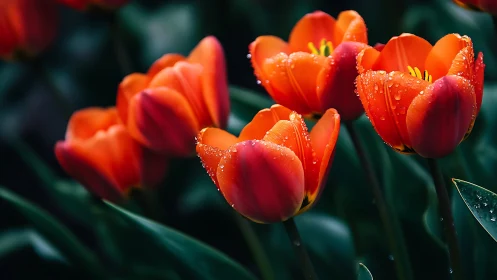 Crimson Tulips Dancing: Dewdrops Shimmer on Velvet Petals.
