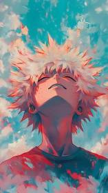 Upward anime portrait rendered in vivid cyan and coral lighting