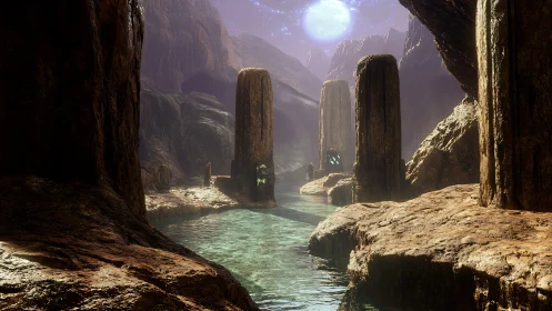 Moonlit cavern river winding past ancient stone pillars.