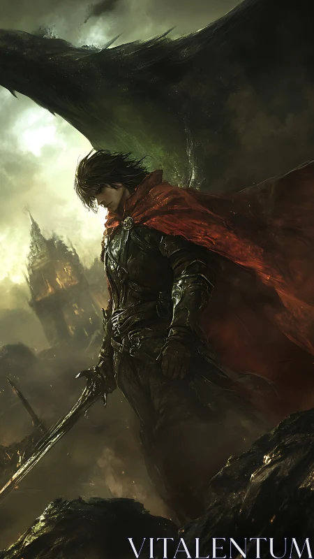 Dark fantasy swordsman with tattered red cloak and dragon