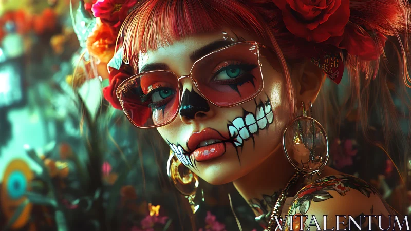 Neon calavera girl with red roses and reflective glasses.