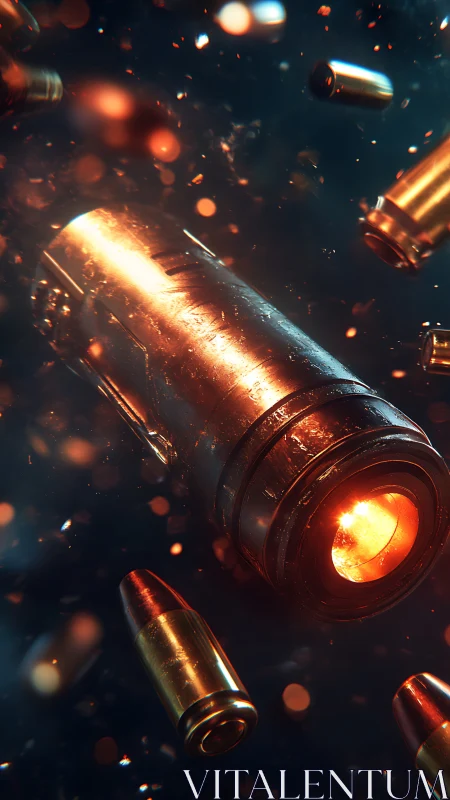 3D macro rendering of ignited bullet casing in motion.