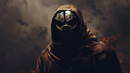 Hooded metallic warlord portrait in moody digital painting style.