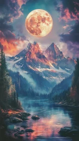Lunar magnification over alpine peaks and reflective glacial river.