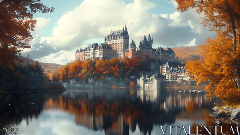 Golden autumn castle reflects softly across a tranquil lake