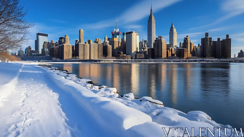 Snowbound urban riverfront framing high-rise winter skyline.