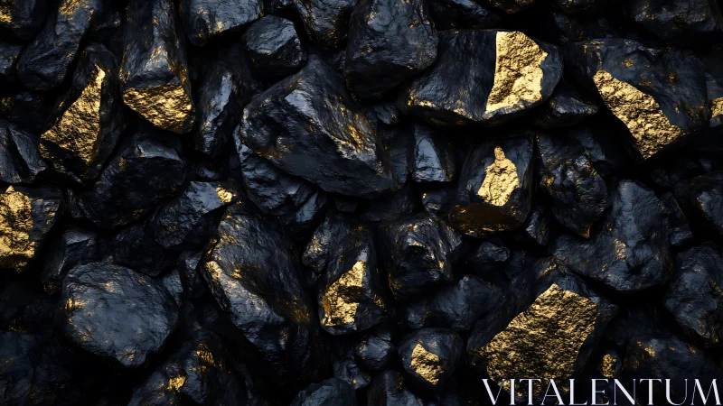 Black ore stones reveal sharp metallic gold fractures