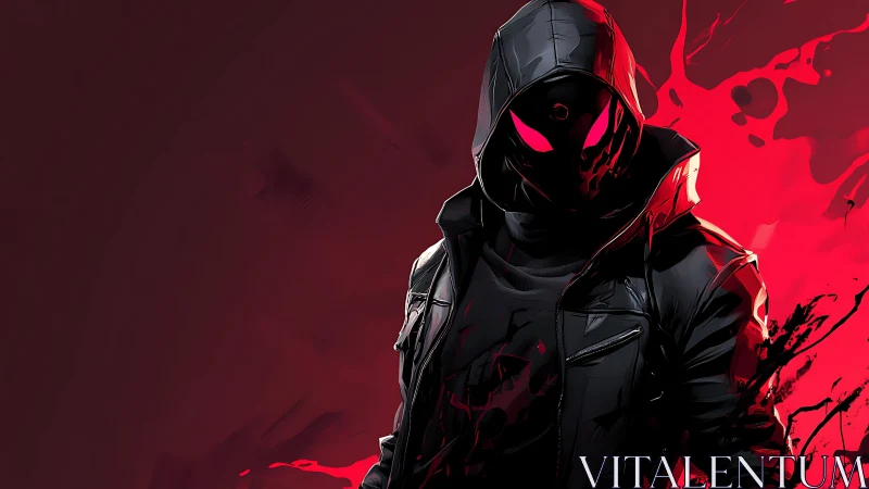 Hooded masked figure in black leather amidst red abstract field.