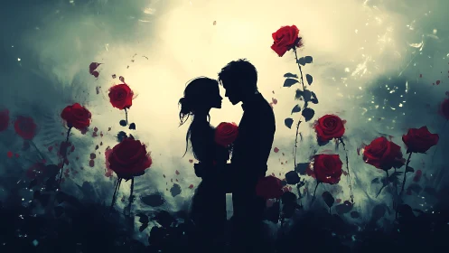 Two Souls Among Red Roses in Golden Twilight