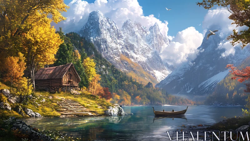 Autumn lakeside cabin with wooden boat and alpine peaks at dawn