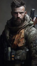 Post-apocalyptic tactical scout portrait with gear-loaded rig