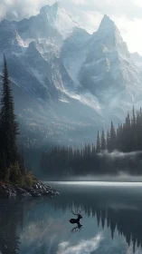 Solitary stag stands in reflective alpine lake before peaks