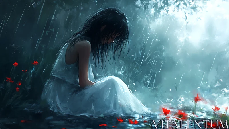 Girl in white dress seated in rain near red wildflowers.