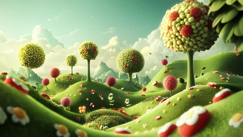 Playful candy forest drifting over soft green hills.
