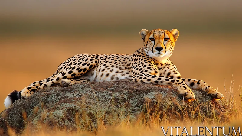 Resting cheetah on granite outcrop in golden savanna light