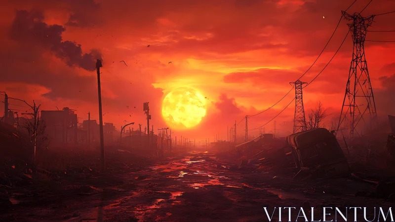 Sunset over ruined highway and collapsed power lines.