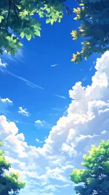 Cumulus cloud columns framed by high-canopy foliage aperture.