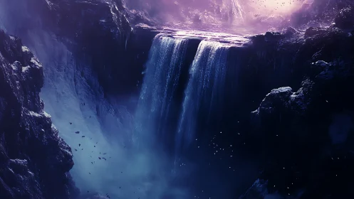 Dreamy violet waterfall pouring into a mysterious abyss.