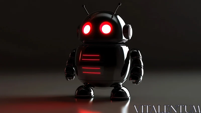 Shiny midnight robot with glowing red lights at rest.