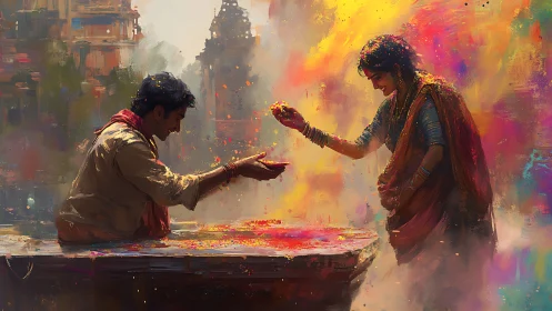 Two figures exchange color powder in urban festival scene.