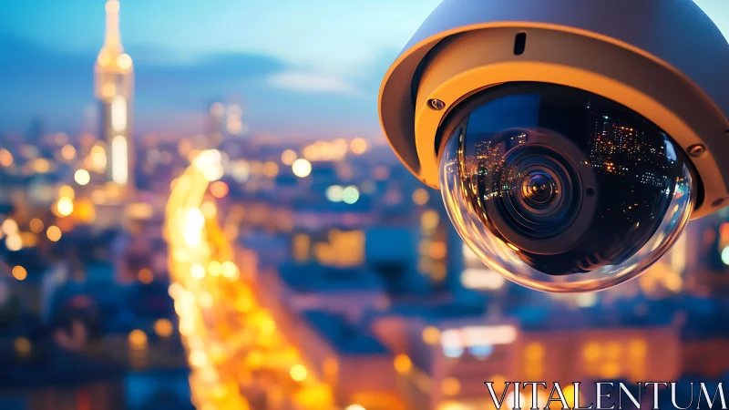 Urban dome security camera against defocused city skyline.