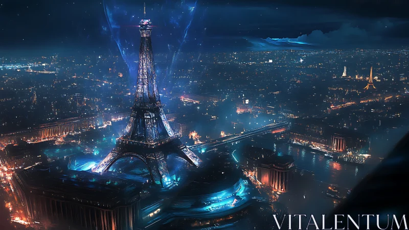 Neo-futuristic Eiffel Tower amid glowing cyberpunk Paris night.
