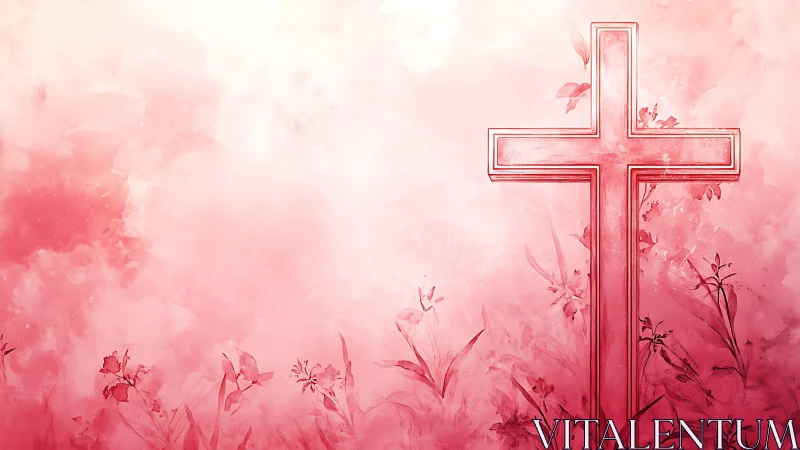Pink watercolor cross rises over soft floral background