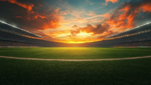 Sunset-lit football arena waiting for kickoff drama to ignite.