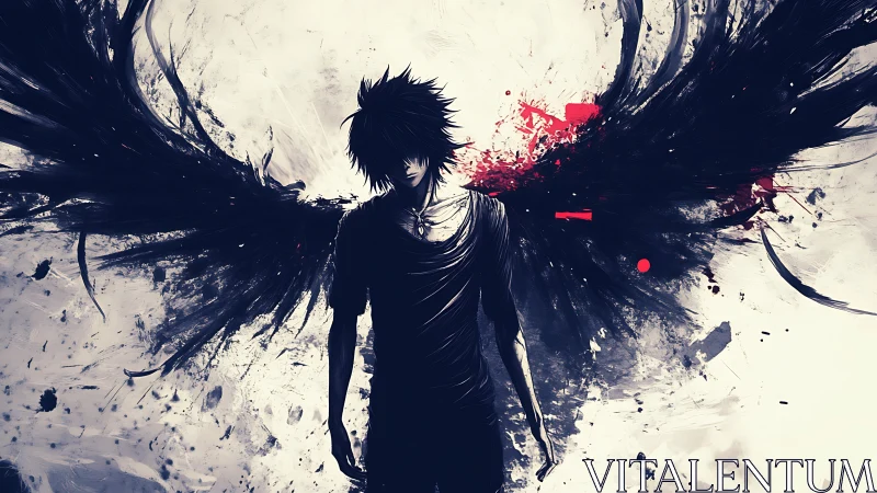 Dark winged figure rendered with dynamic ink-like brush strokes