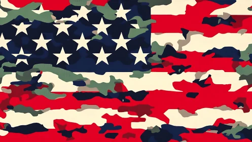 US flag abstraction with layered multicolor camouflage overlay.