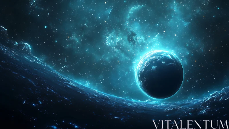 Luminous blue planet rising above a glowing cosmic horizon.